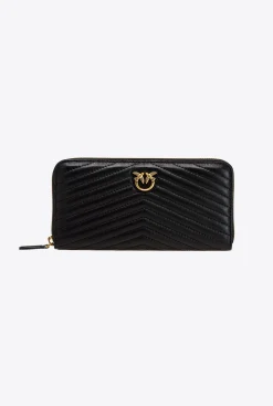Maroquinerie|PINKO Portefeuille A Contour Zippe En Cuir Nappa A Chevrons Noir-Vieil Or