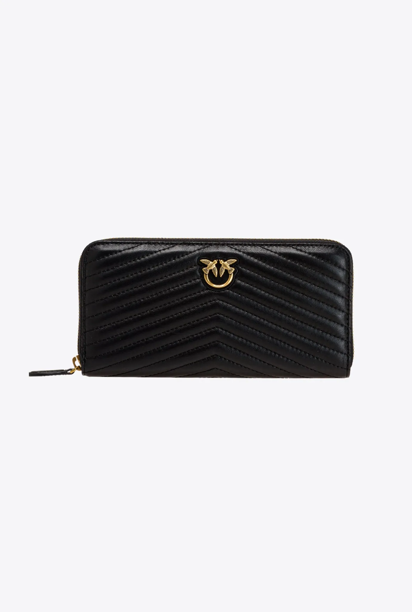 Maroquinerie|PINKO Portefeuille A Contour Zippe En Cuir Nappa A Chevrons Noir-Vieil Or