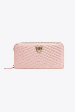 Maroquinerie|PINKO Portefeuille A Contour Zippe En Cuir Nappa A Chevrons Rose/Rose Poudre-Or Antique