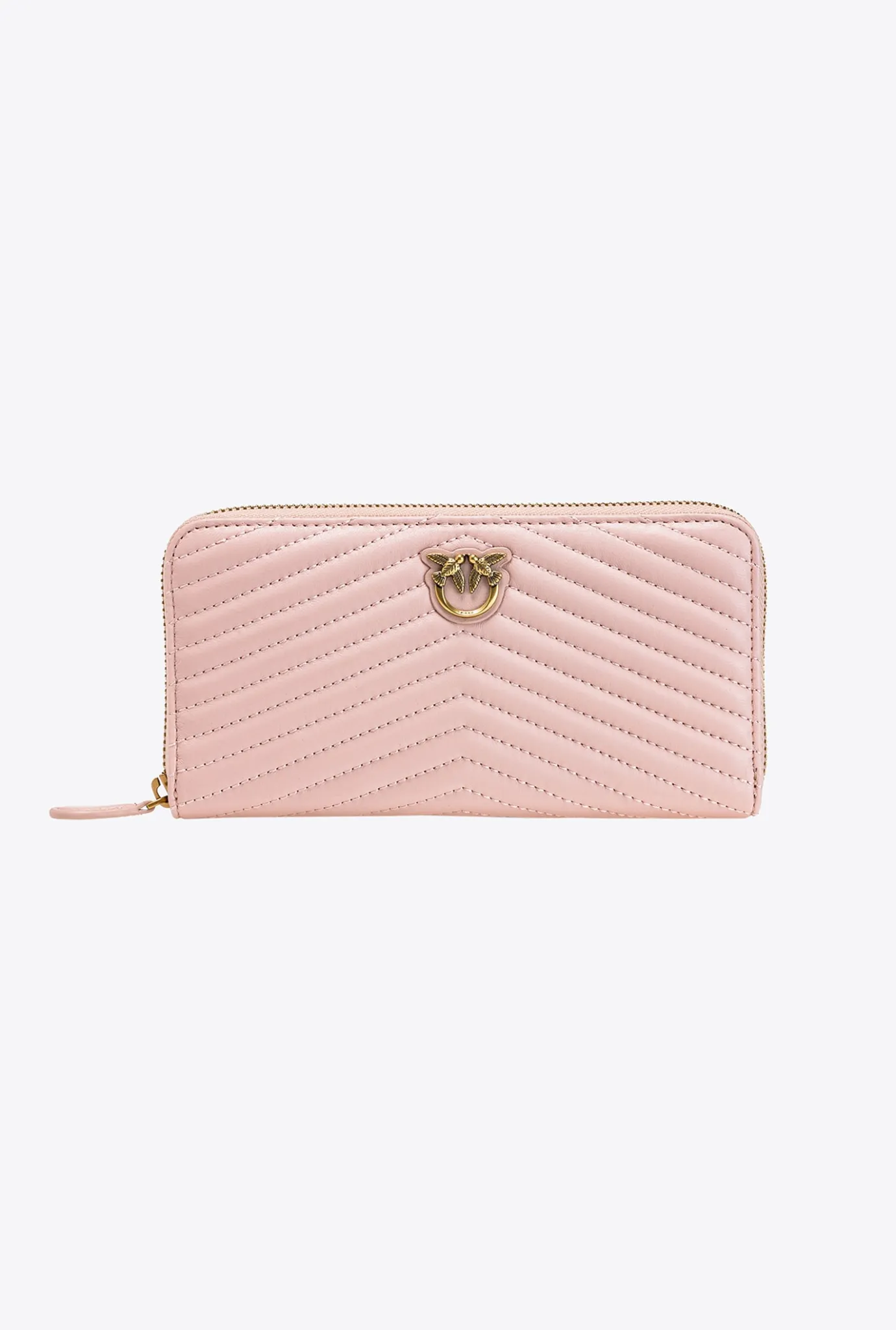 Maroquinerie|PINKO Portefeuille A Contour Zippe En Cuir Nappa A Chevrons Rose/Rose Poudre-Or Antique