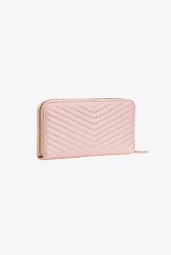Maroquinerie|PINKO Portefeuille A Contour Zippe En Cuir Nappa A Chevrons Rose/Rose Poudre-Or Antique