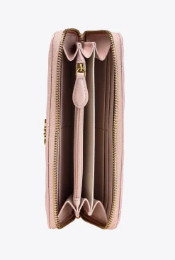 Maroquinerie|PINKO Portefeuille A Contour Zippe En Cuir Nappa A Chevrons Rose/Rose Poudre-Or Antique