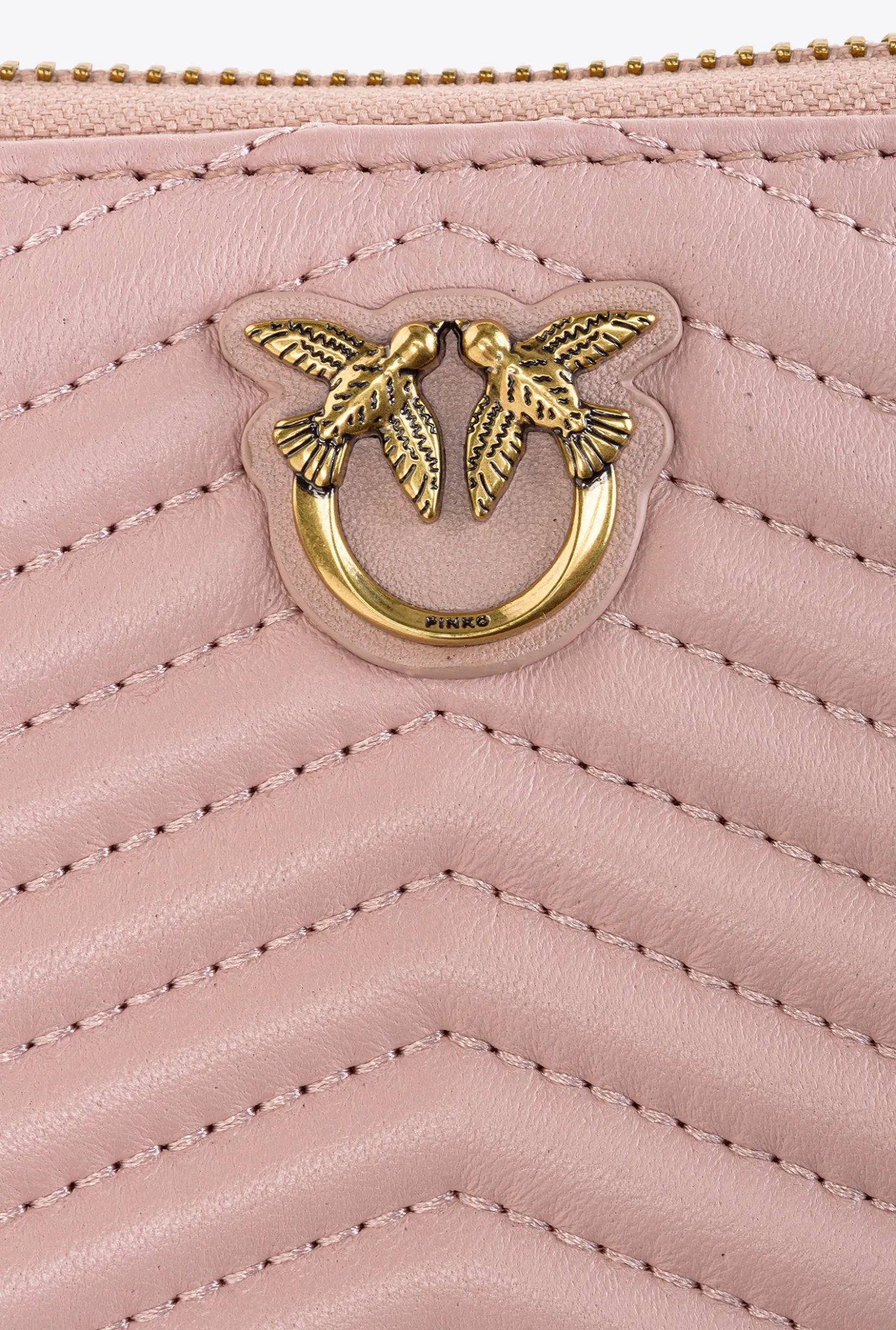 Maroquinerie|PINKO Portefeuille A Contour Zippe En Cuir Nappa A Chevrons Rose/Rose Poudre-Or Antique