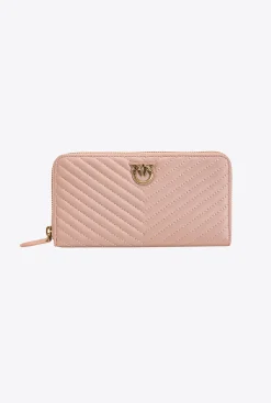 Maroquinerie|PINKO Portefeuille A Contour Zippe En Cuir Nappa A Chevrons Rose/Rose Poudre-Or Antique