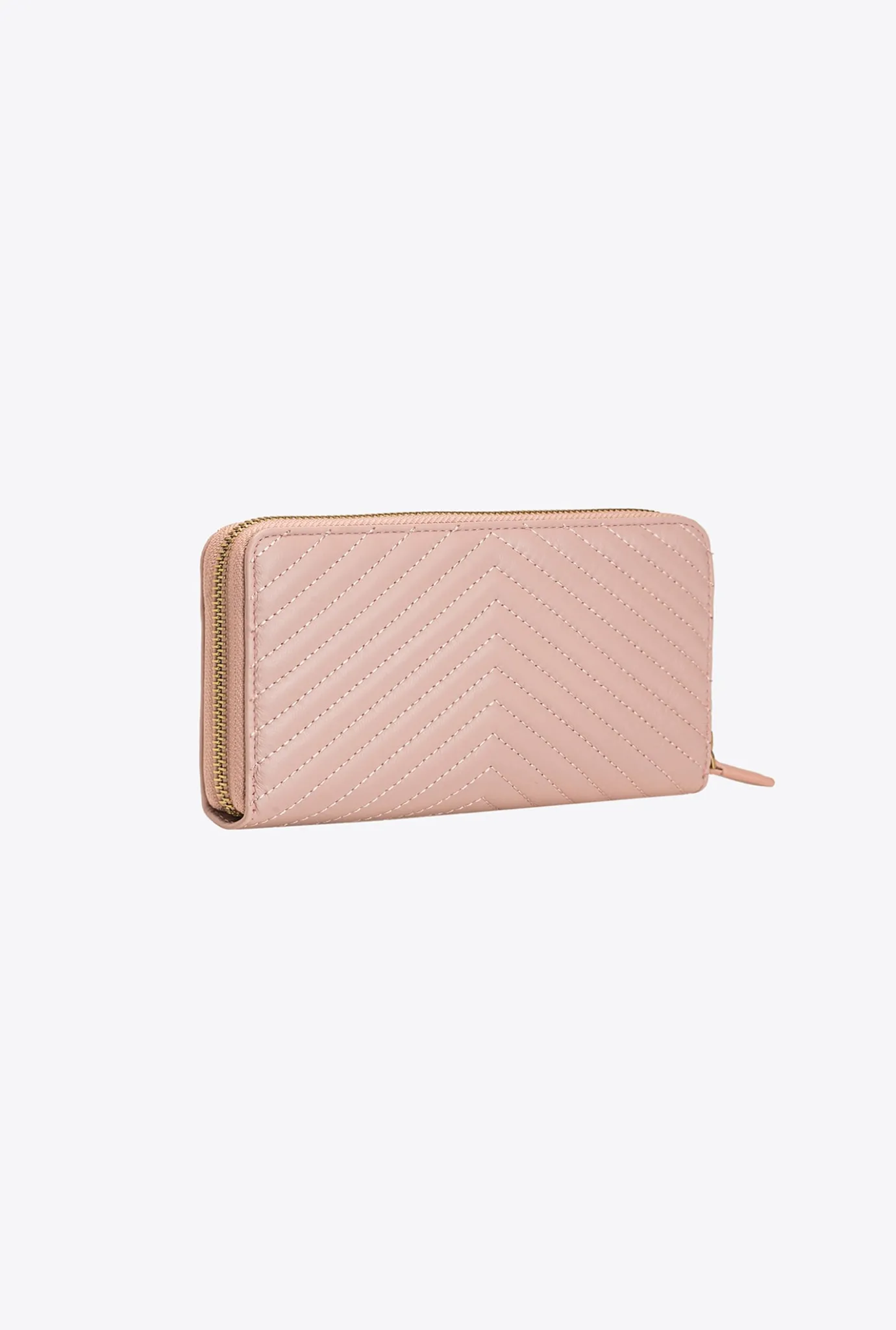 Maroquinerie|PINKO Portefeuille A Contour Zippe En Cuir Nappa A Chevrons Rose/Rose Poudre-Or Antique