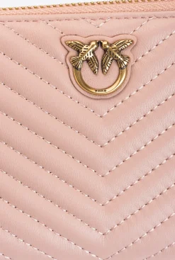 Maroquinerie|PINKO Portefeuille A Contour Zippe En Cuir Nappa A Chevrons Rose/Rose Poudre-Or Antique