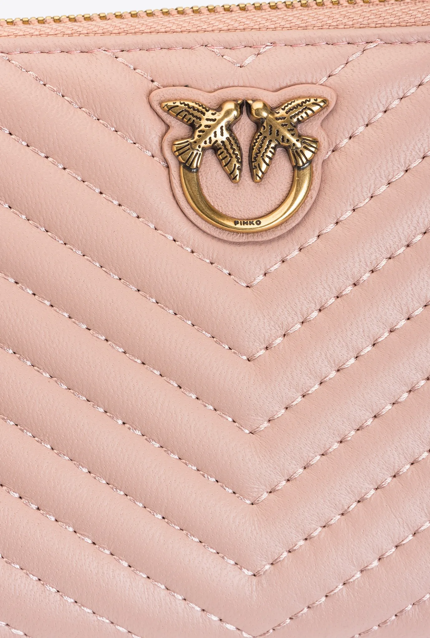 Maroquinerie|PINKO Portefeuille A Contour Zippe En Cuir Nappa A Chevrons Rose/Rose Poudre-Or Antique