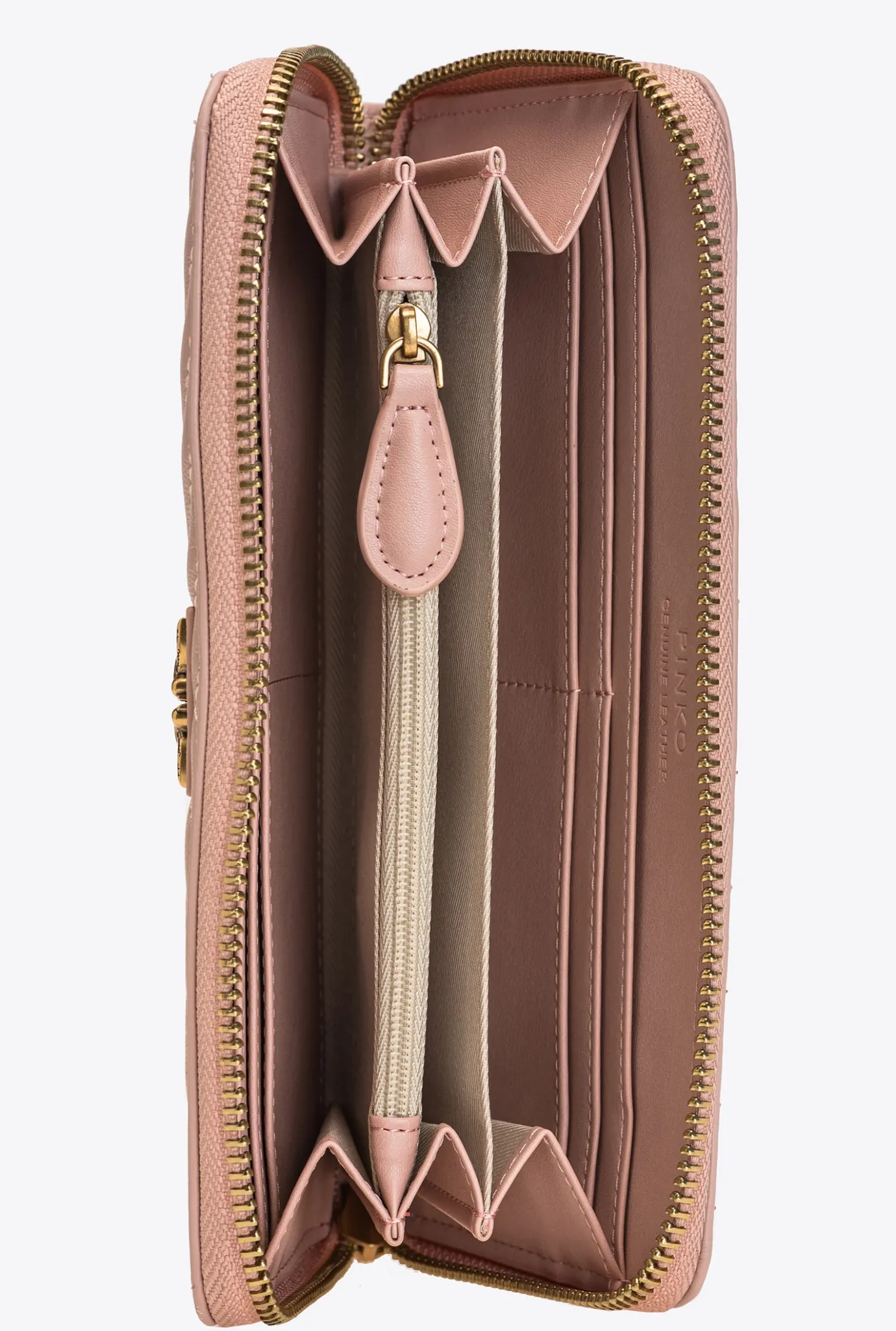 Maroquinerie|PINKO Portefeuille A Contour Zippe En Cuir Nappa A Chevrons Rose/Rose Poudre-Or Antique