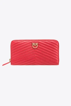 Maroquinerie|PINKO Portefeuille A Contour Zippe En Cuir Nappa A Chevrons Rouge Grenat-Or Antique
