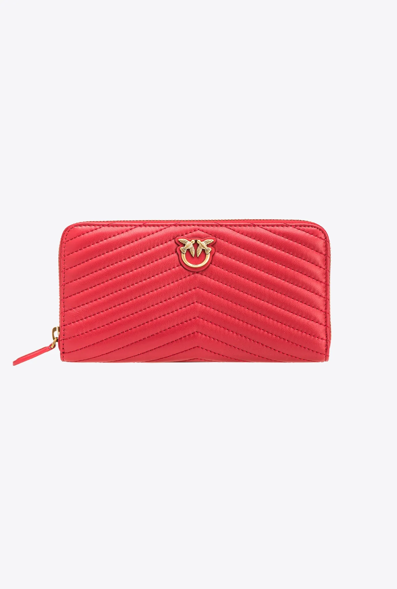 Maroquinerie|PINKO Portefeuille A Contour Zippe En Cuir Nappa A Chevrons Rouge Grenat-Or Antique