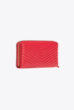 Maroquinerie|PINKO Portefeuille A Contour Zippe En Cuir Nappa A Chevrons Rouge Grenat-Or Antique
