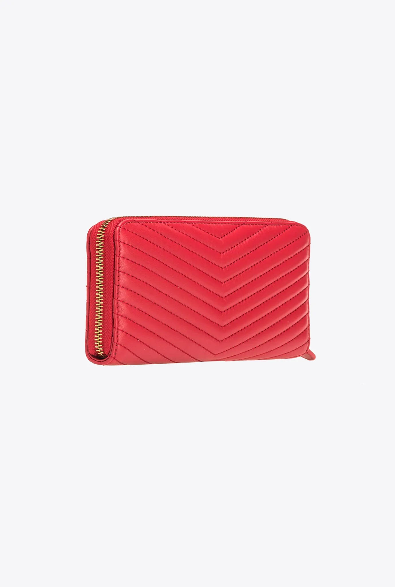 Maroquinerie|PINKO Portefeuille A Contour Zippe En Cuir Nappa A Chevrons Rouge Grenat-Or Antique