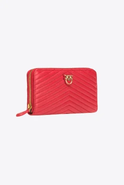 Maroquinerie|PINKO Portefeuille A Contour Zippe En Cuir Nappa A Chevrons Rouge Grenat-Or Antique