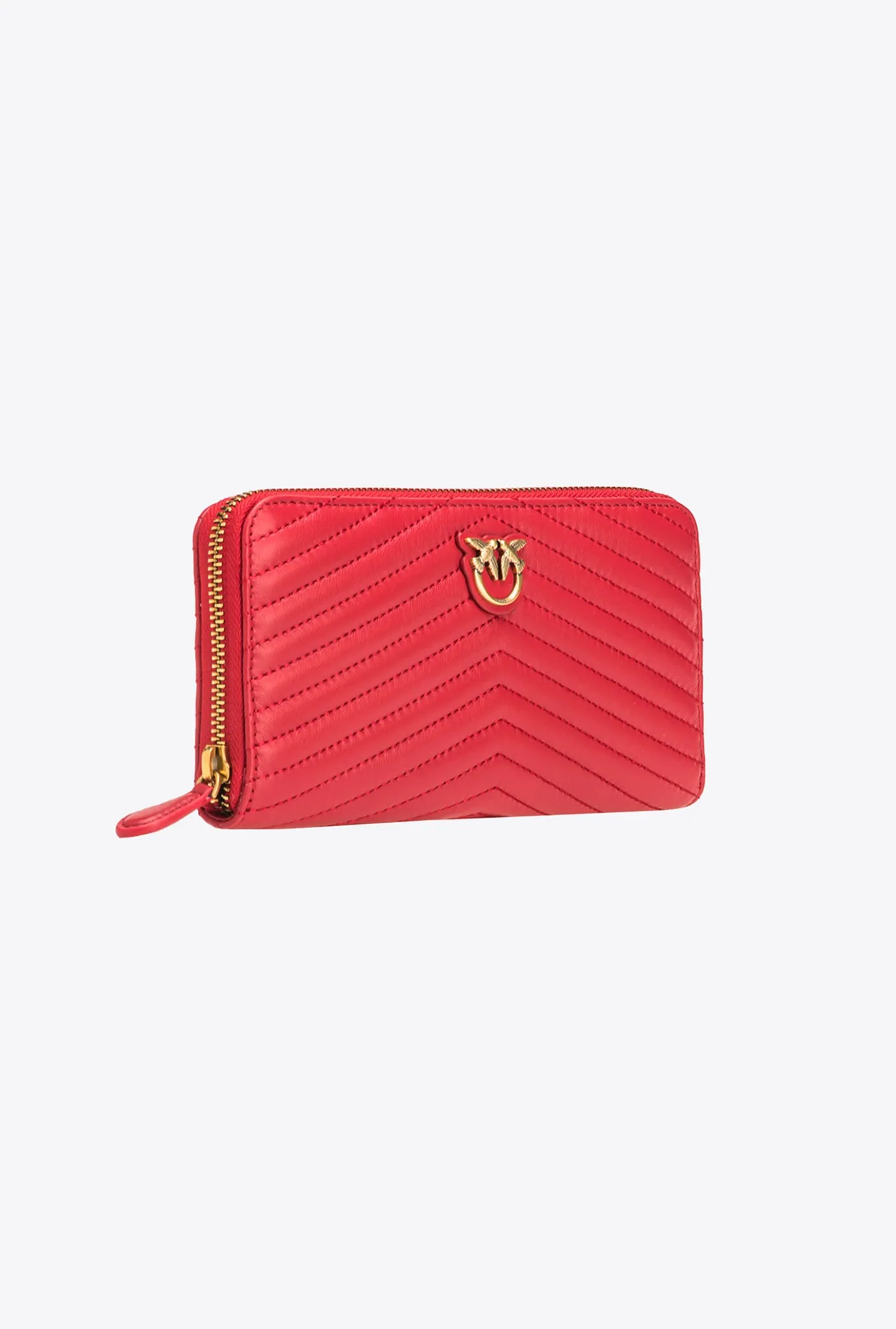 Maroquinerie|PINKO Portefeuille A Contour Zippe En Cuir Nappa A Chevrons Rouge Grenat-Or Antique