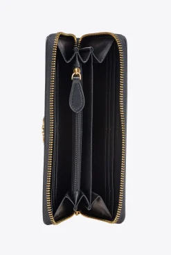 Maroquinerie|PINKO Portefeuille A Contour Zippe En Cuir Noir-Vieil Or