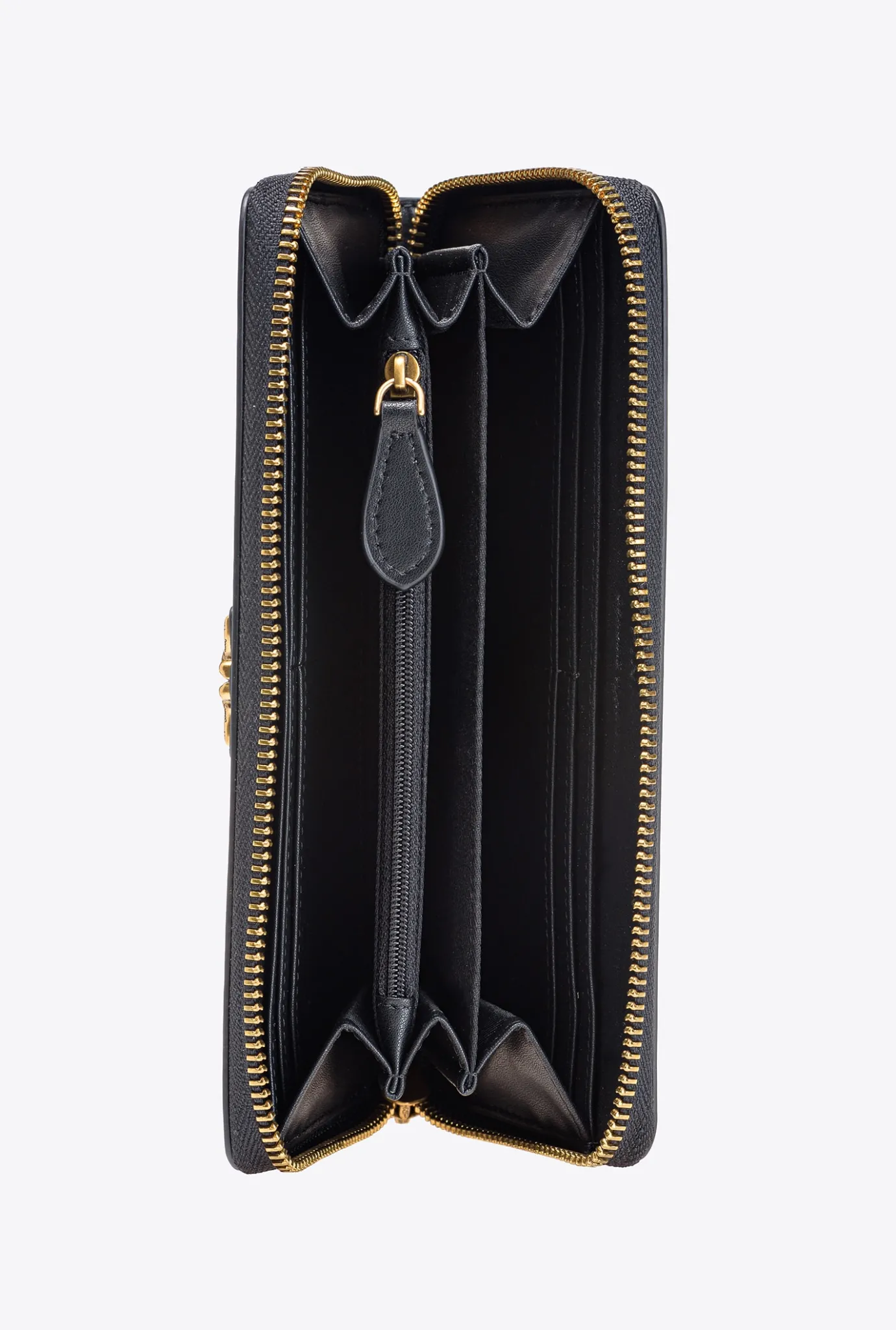 Maroquinerie|PINKO Portefeuille A Contour Zippe En Cuir Noir-Vieil Or
