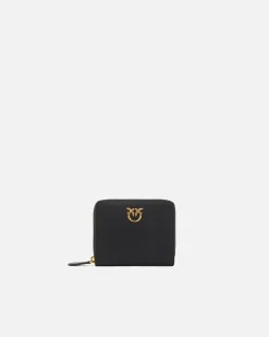 Maroquinerie|PINKO Portefeuille Carre A Contour Zippe En Cuir Noir-Vieil Or