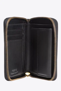 Maroquinerie|PINKO Portefeuille Carre A Contour Zippe En Cuir Noir-Vieil Or