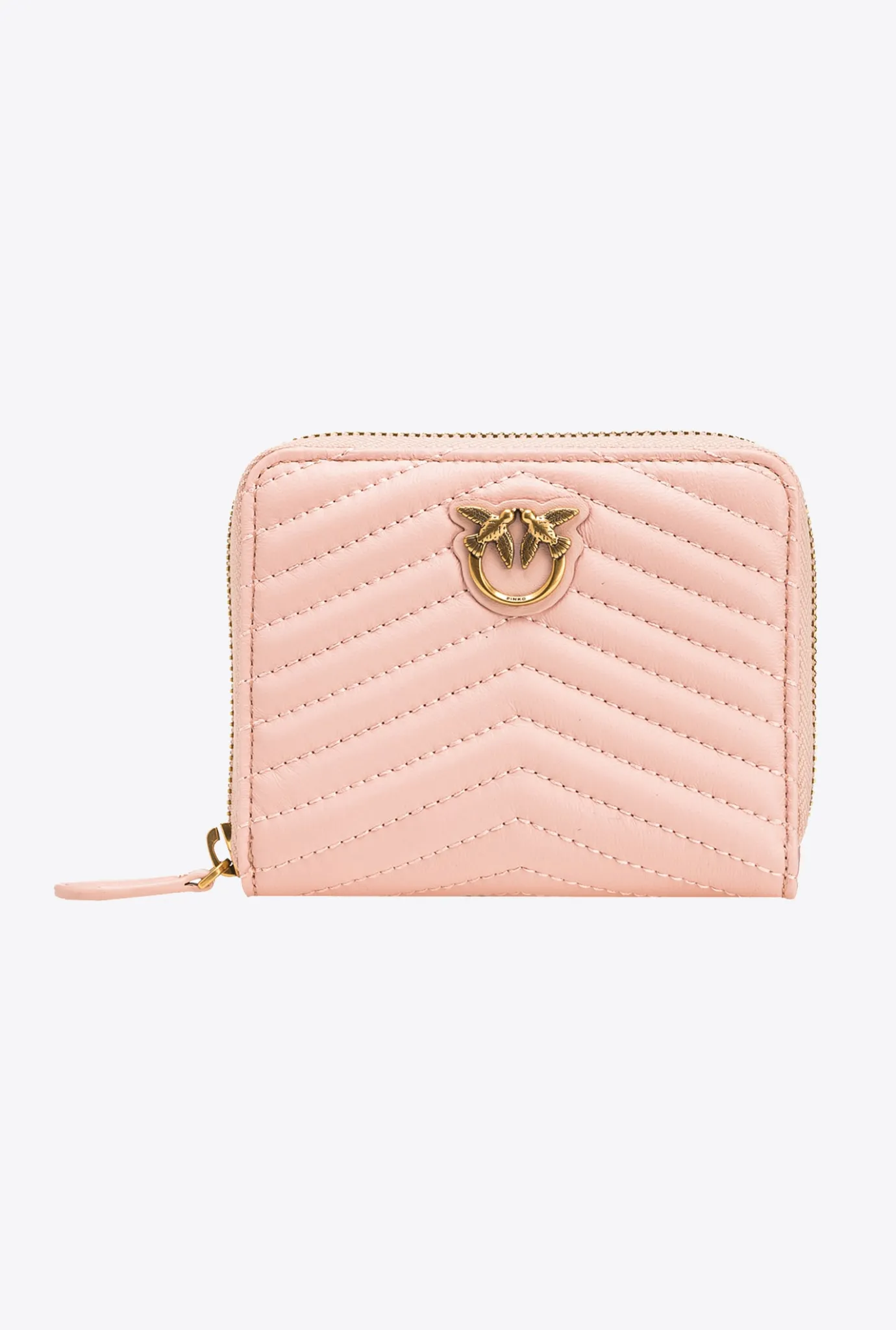 Maroquinerie|PINKO Portefeuille Carre A Contour Zippe En Cuir Nappa Matelasse Rose/Rose Poudre-Or Antique