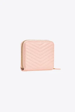 Maroquinerie|PINKO Portefeuille Carre A Contour Zippe En Cuir Nappa Matelasse Rose/Rose Poudre-Or Antique