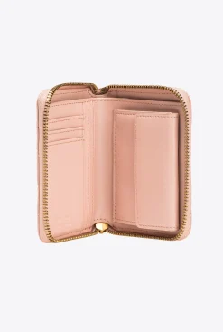 Maroquinerie|PINKO Portefeuille Carre A Contour Zippe En Cuir Nappa Matelasse Rose/Rose Poudre-Or Antique