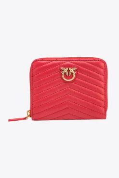 Maroquinerie|PINKO Portefeuille Carre A Contour Zippe En Cuir Nappa Matelasse Rouge Grenat-Or Antique