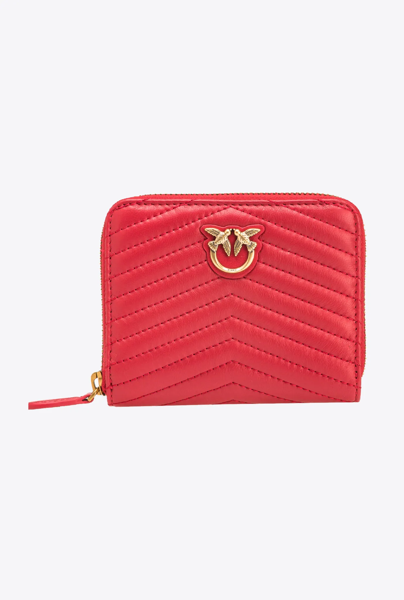 Maroquinerie|PINKO Portefeuille Carre A Contour Zippe En Cuir Nappa Matelasse Rouge Grenat-Or Antique