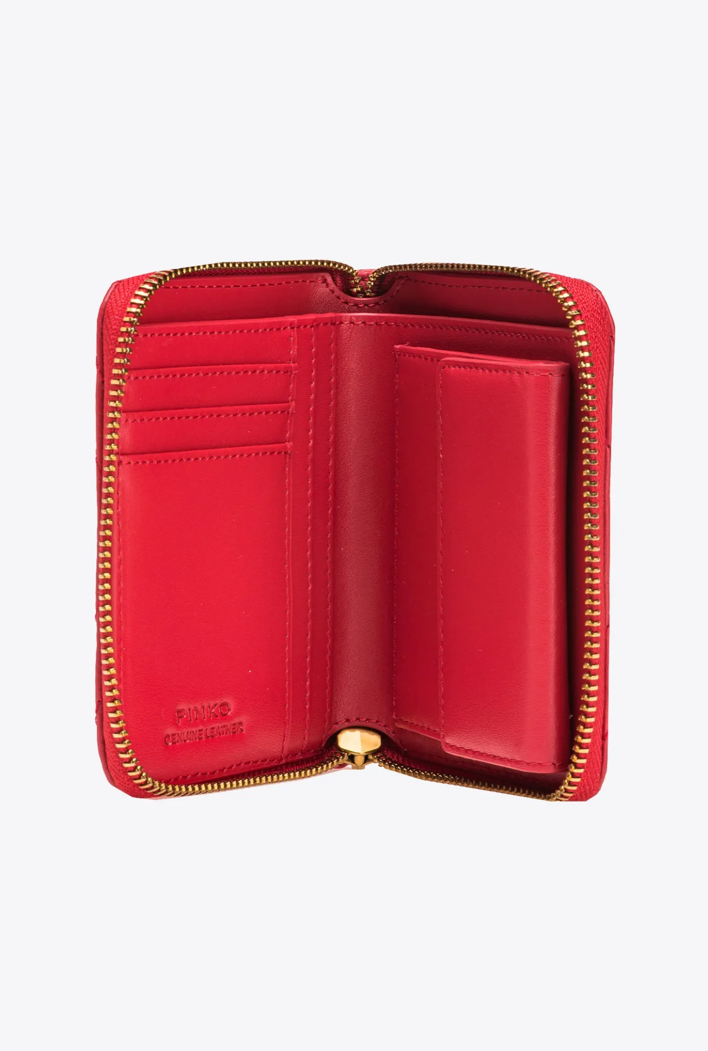 Maroquinerie|PINKO Portefeuille Carre A Contour Zippe En Cuir Nappa Matelasse Rouge Grenat-Or Antique