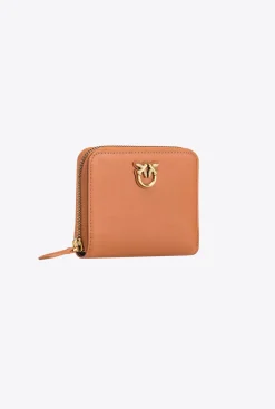 Maroquinerie|PINKO Portefeuille Carre A Contour Zippe En Cuir Cognac-Or Antique