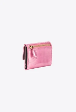 Maroquinerie|PINKO Portefeuille Compact En Reptile Lame Galleria Rose Poudre-Or Brillant