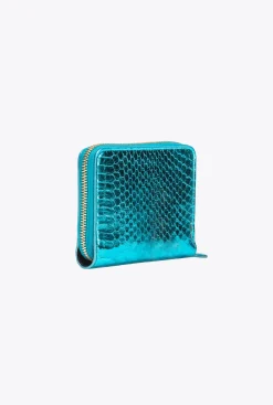 Maroquinerie|PINKO Portefeuille Entierement Zippe En Reptile Lame Galleria Petrole-Or Brillant