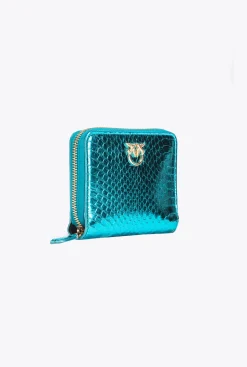 Maroquinerie|PINKO Portefeuille Entierement Zippe En Reptile Lame Galleria Petrole-Or Brillant