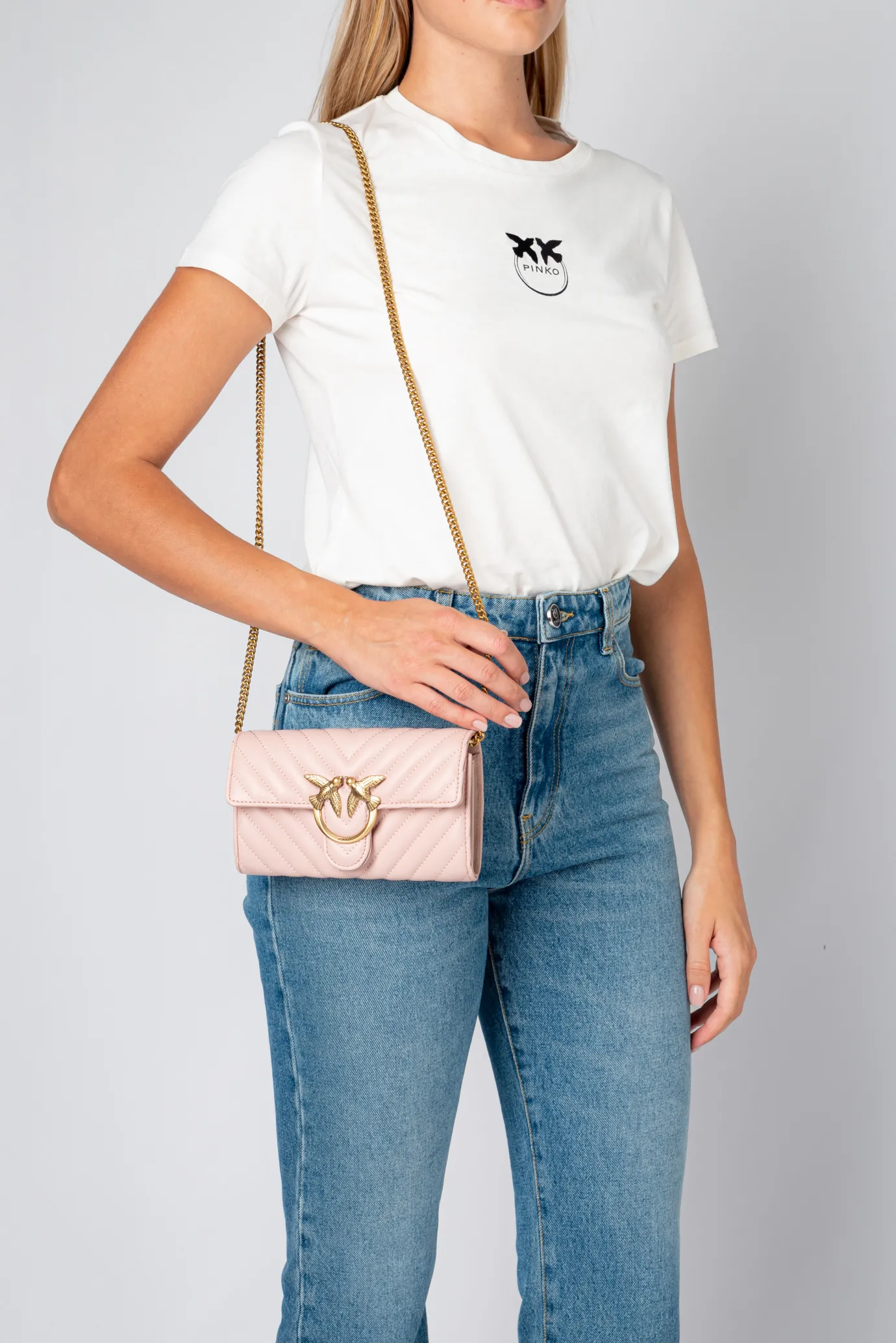 Mini Sacs|PINKO Portefeuille Love Bag Chevron Rose/Rose Poudre-Or Antique