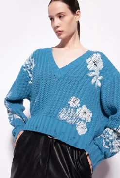 Pièces En Maille|PINKO Pull A Imprime Floral Graphique Turquoise/Beurre/Noir
