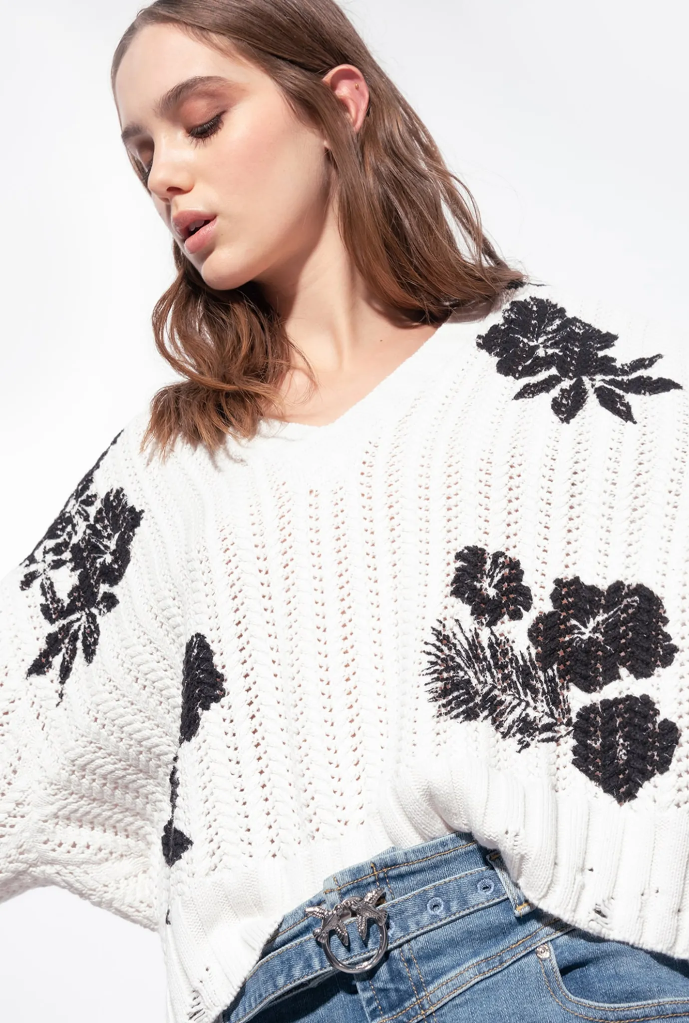 Pièces En Maille|PINKO Pull A Imprime Floral Graphique Blanc/Noir