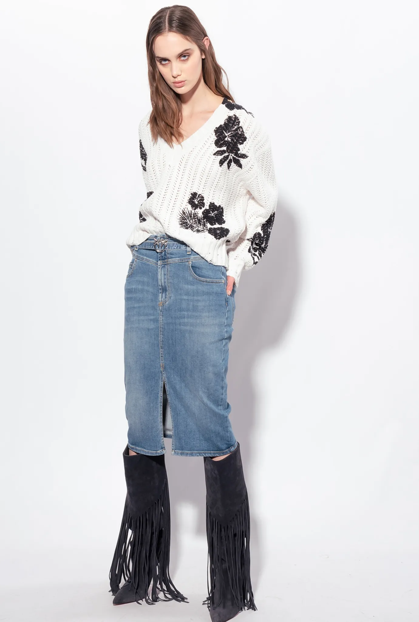 Pièces En Maille|PINKO Pull A Imprime Floral Graphique Blanc/Noir