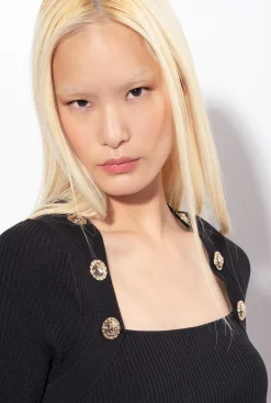 Tailleurs Et Ensembles|PINKO Pull Cotele A Boutons Dores Noir Limousine