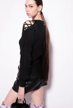 Pièces En Maille|PINKO Pull Cotele A Franges Noir Limousine