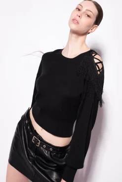 Pièces En Maille|PINKO Pull Cotele A Franges Noir Limousine
