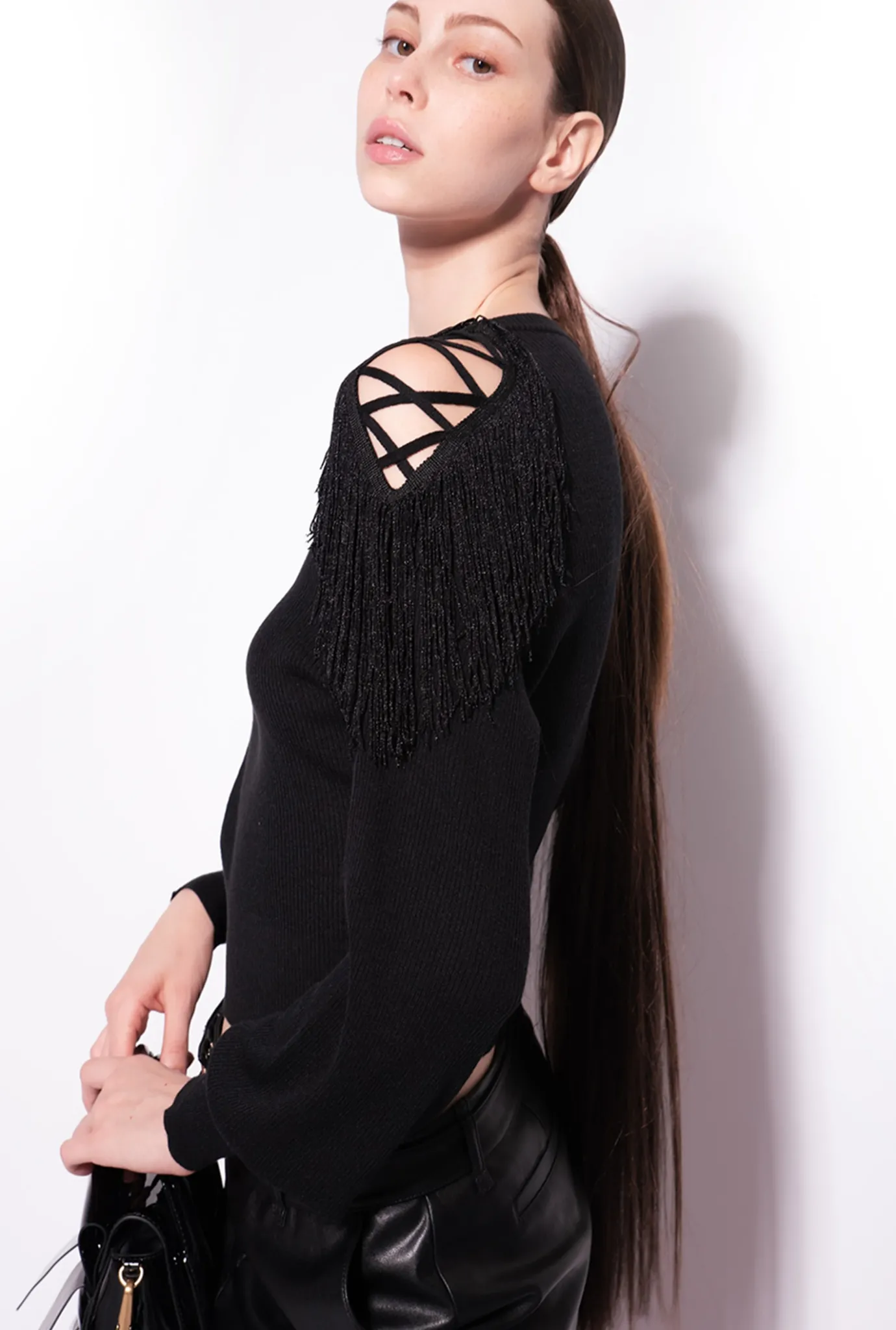 Pièces En Maille|PINKO Pull Cotele A Franges Noir Limousine