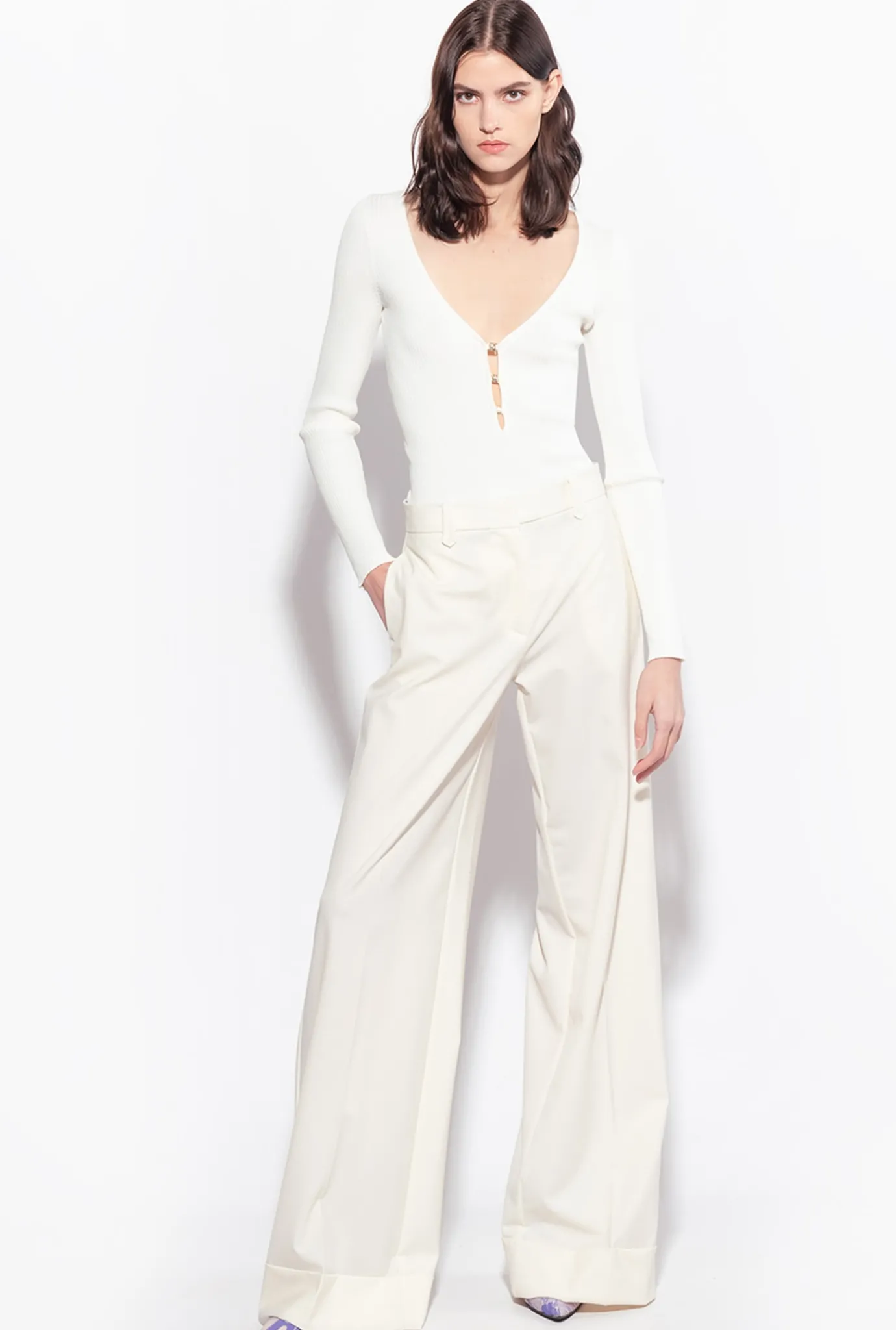 Pièces En Maille|PINKO Pull Cotele A Manches Longues Blanc Soie