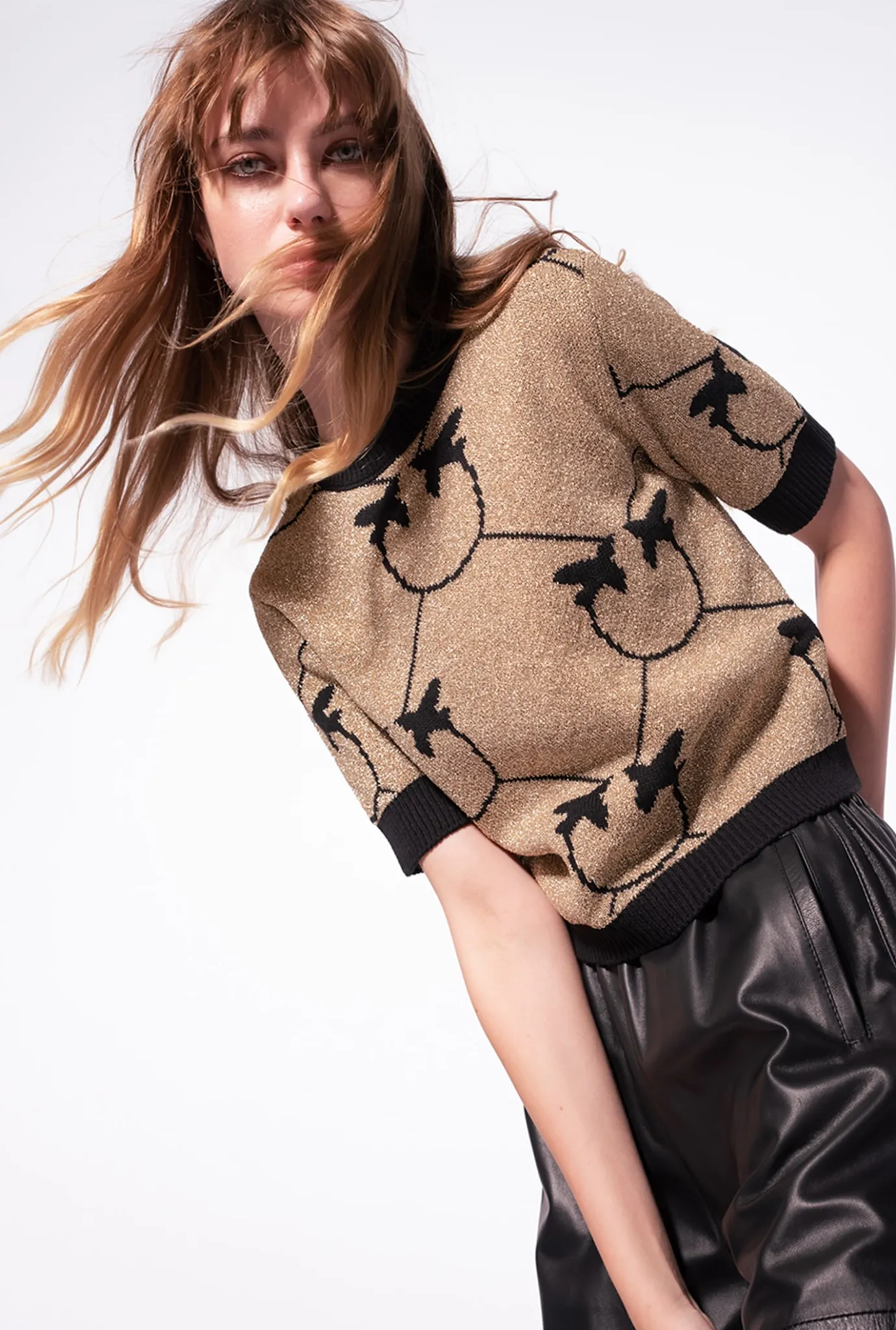 Tailleurs Et Ensembles|PINKO Pull Court En Jacquard Monogram Or/Noir