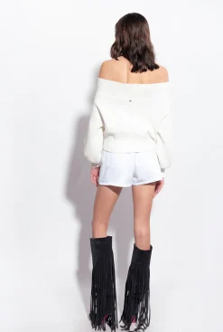 Pièces En Maille|PINKO Pull En Cotes Anglaises A Epaules Denudees Blanc Soie