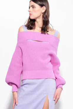 Pièces En Maille|PINKO Pull En Cotes Anglaises A Epaules Denudees Opera Mauve