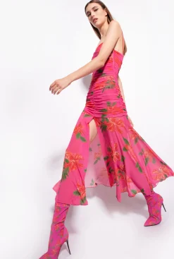 Robes|PINKO Robe Ajustee A Imprime Floral Mult. Fuchsia/Rouge