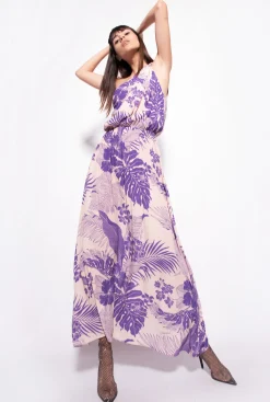 Robes|PINKO Robe Asymetrique A Imprime Tropical Nude/Violet