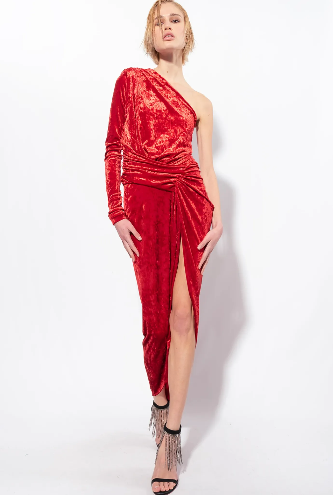 Robes|PINKO Robe Asymetrique En Velours Frappe Rouge Rio