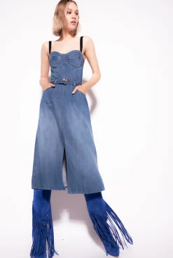 Robes|PINKO Robe Bustier En Denim Delavage Moyen Fonce