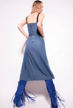Robes|PINKO Robe Bustier En Denim Delavage Moyen Fonce