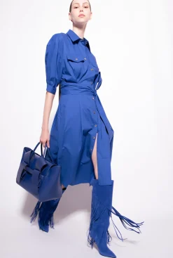 Robes|PINKO Robe Chemise Ceinturee En Popeline De Coton Bleu Surf Sur Le Web